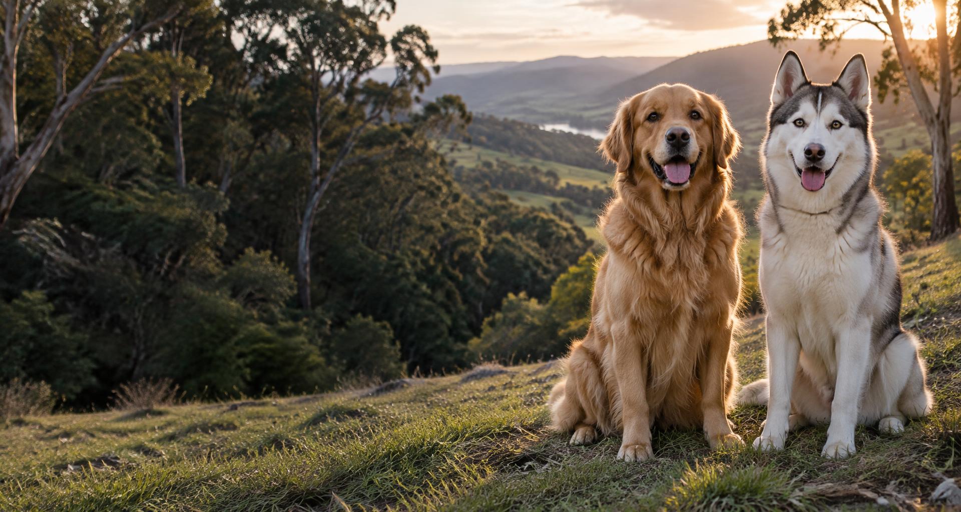 A Husky and golden retriever enjoying the Australian outdoors
